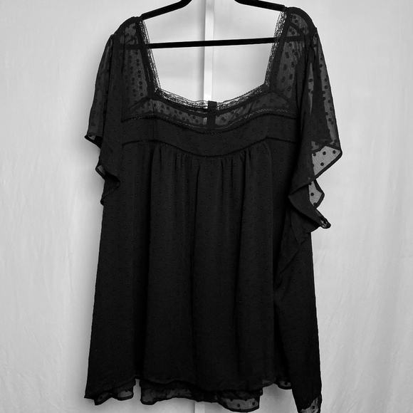 NWT Torrid Womenʻs Plus Size Black Chiffon Clip Dot Lace Detail Baby Doll Top 6X - Picture 10 of 11